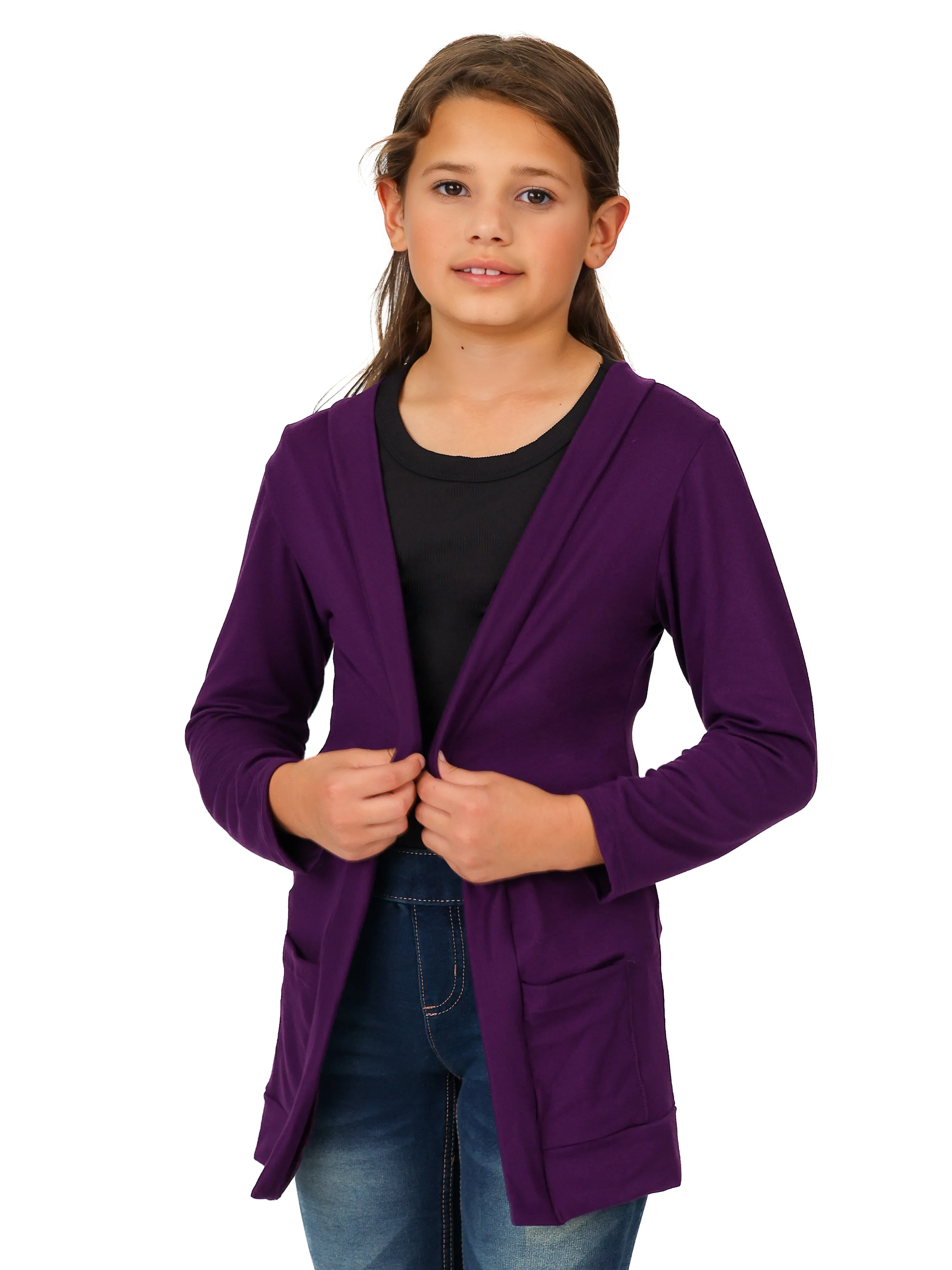 24seven Comfort Apparel Girls Open Front Long Sleeve Pocket Cardigan