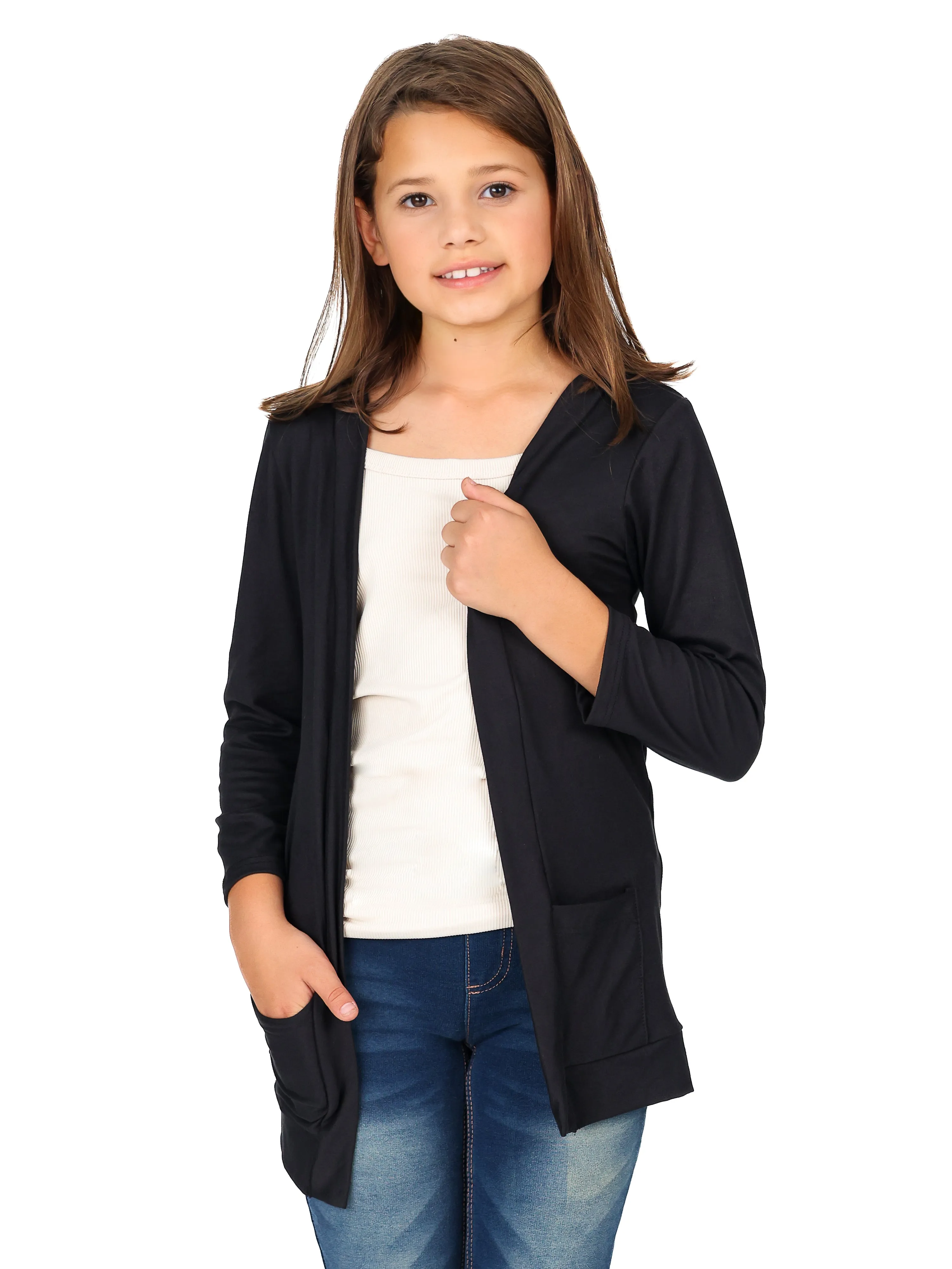 24seven Comfort Apparel Girls Open Front Long Sleeve Pocket Cardigan