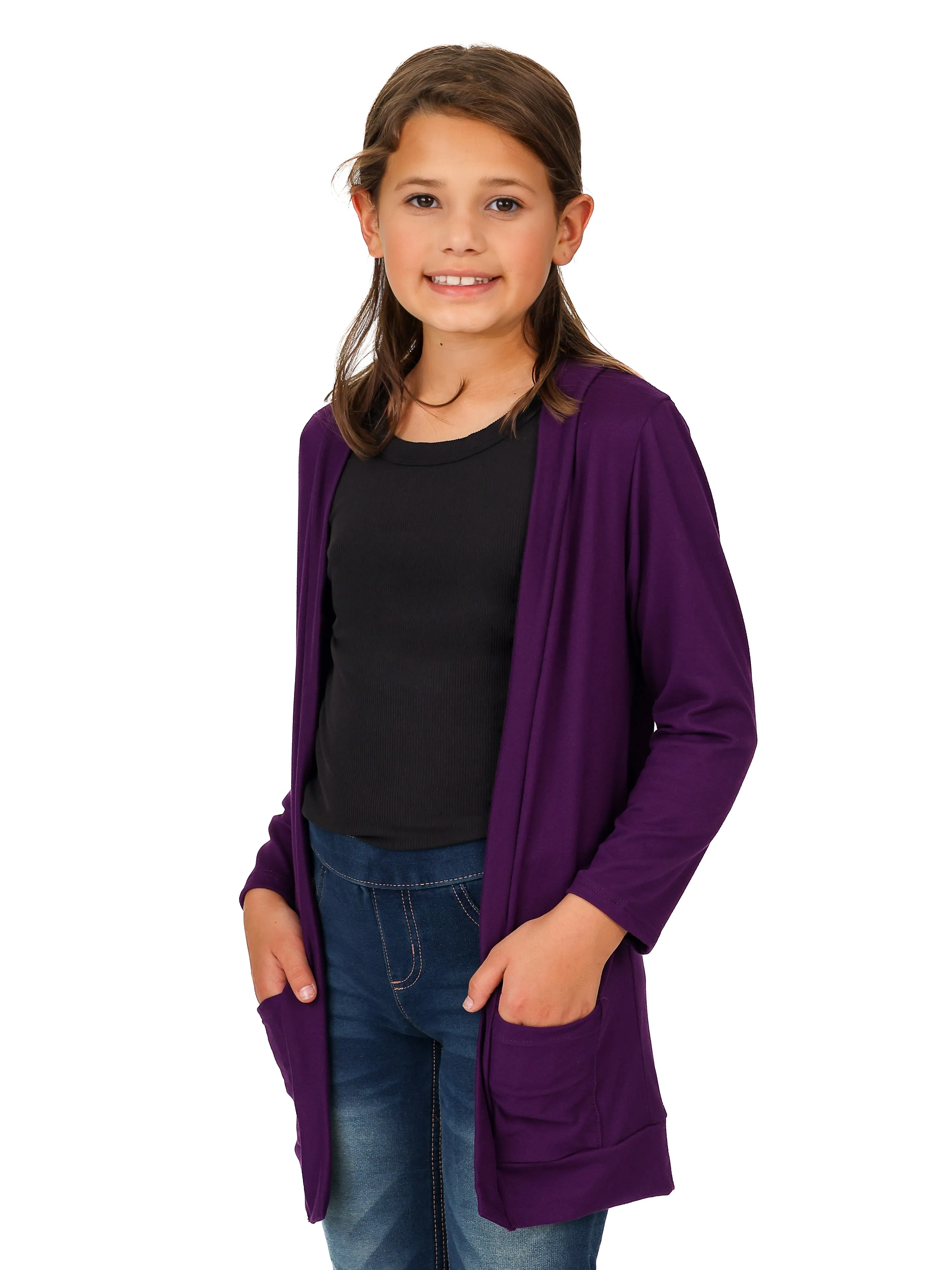 24seven Comfort Apparel Girls Open Front Long Sleeve Pocket Cardigan