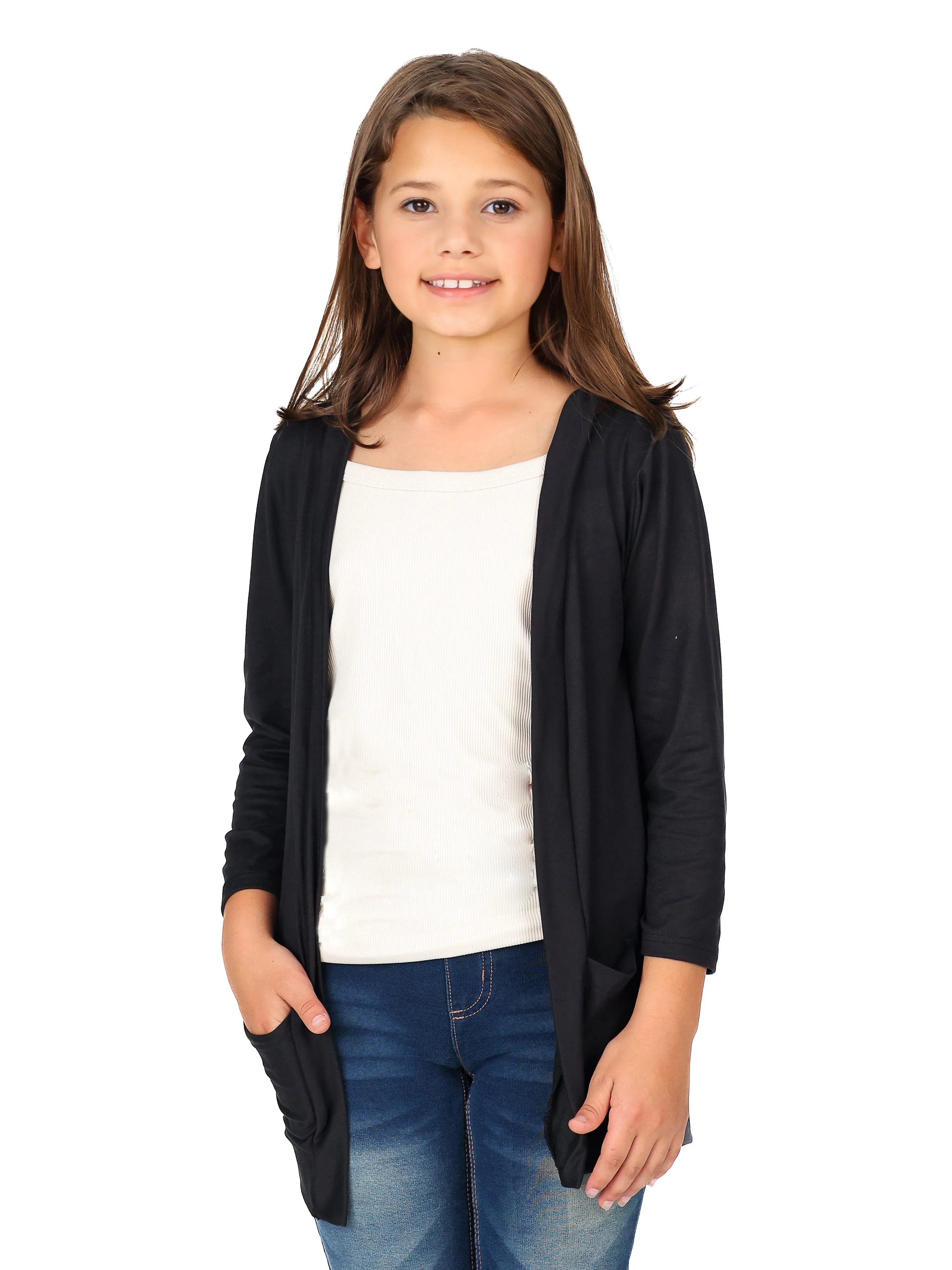 24seven Comfort Apparel Girls Open Front Long Sleeve Pocket Cardigan