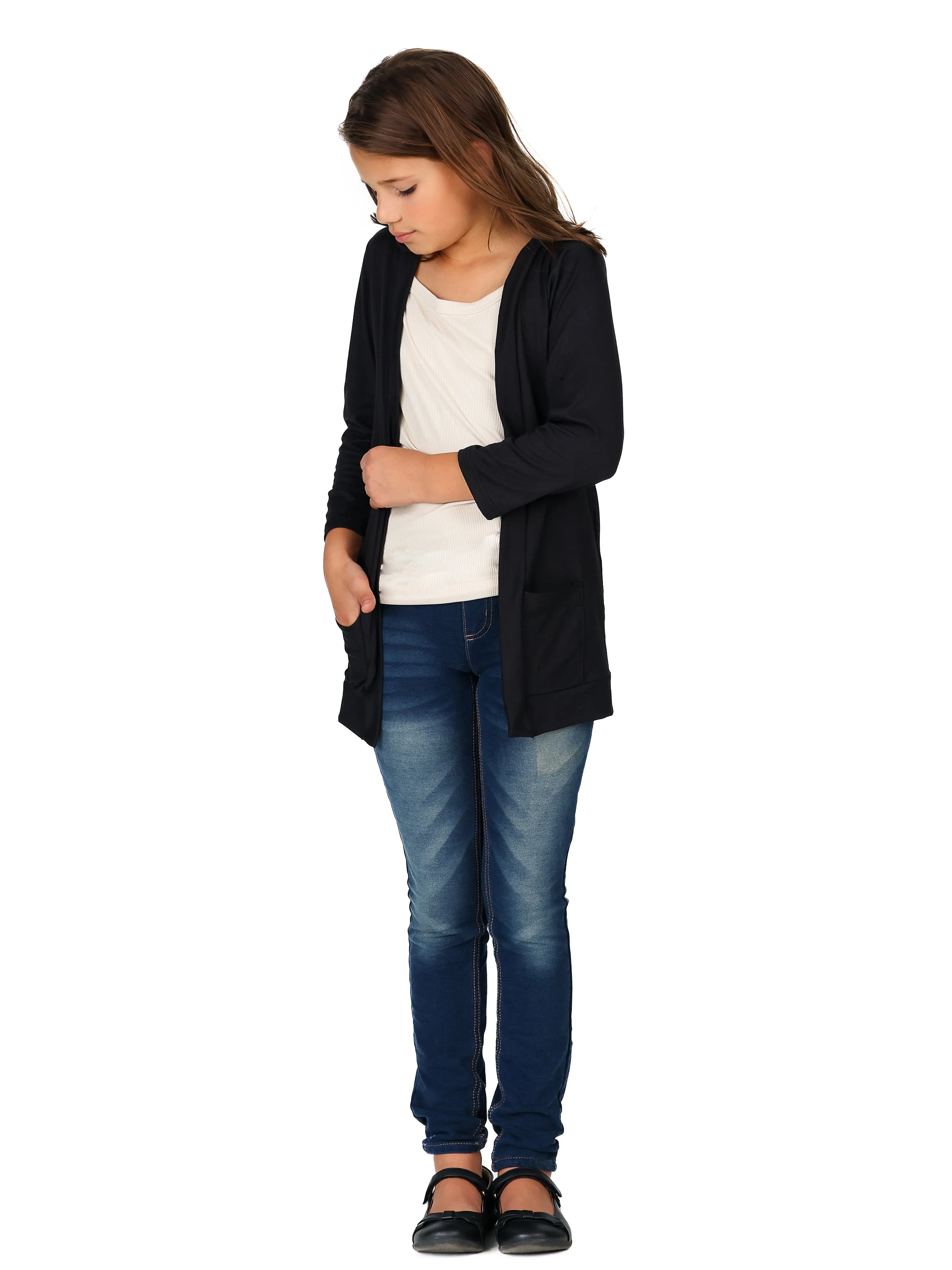 24seven Comfort Apparel Girls Open Front Long Sleeve Pocket Cardigan