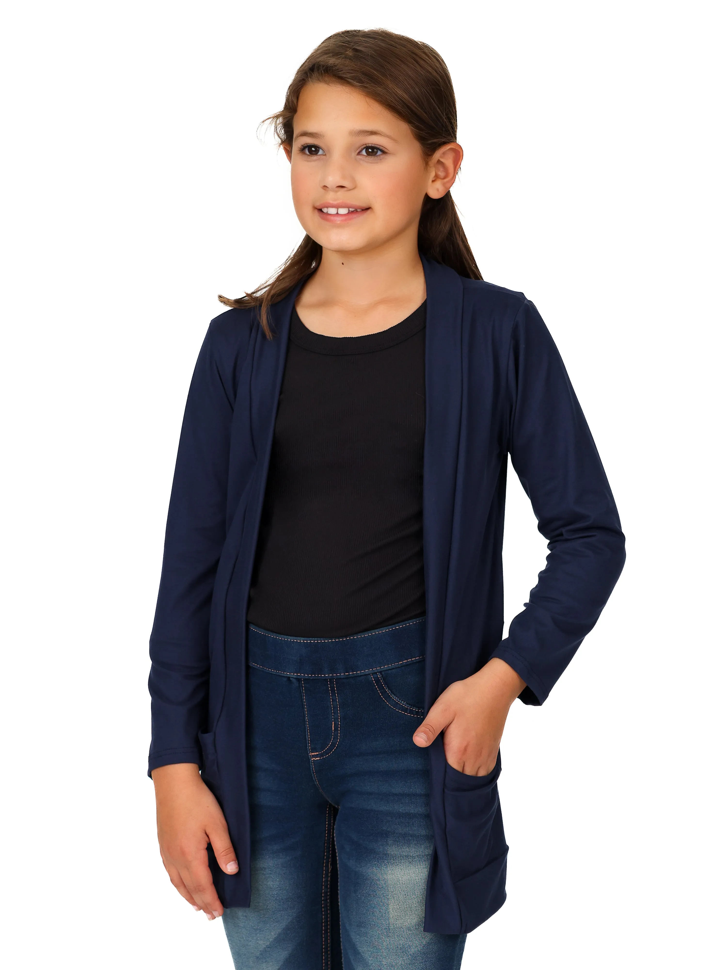 24seven Comfort Apparel Girls Open Front Long Sleeve Pocket Cardigan