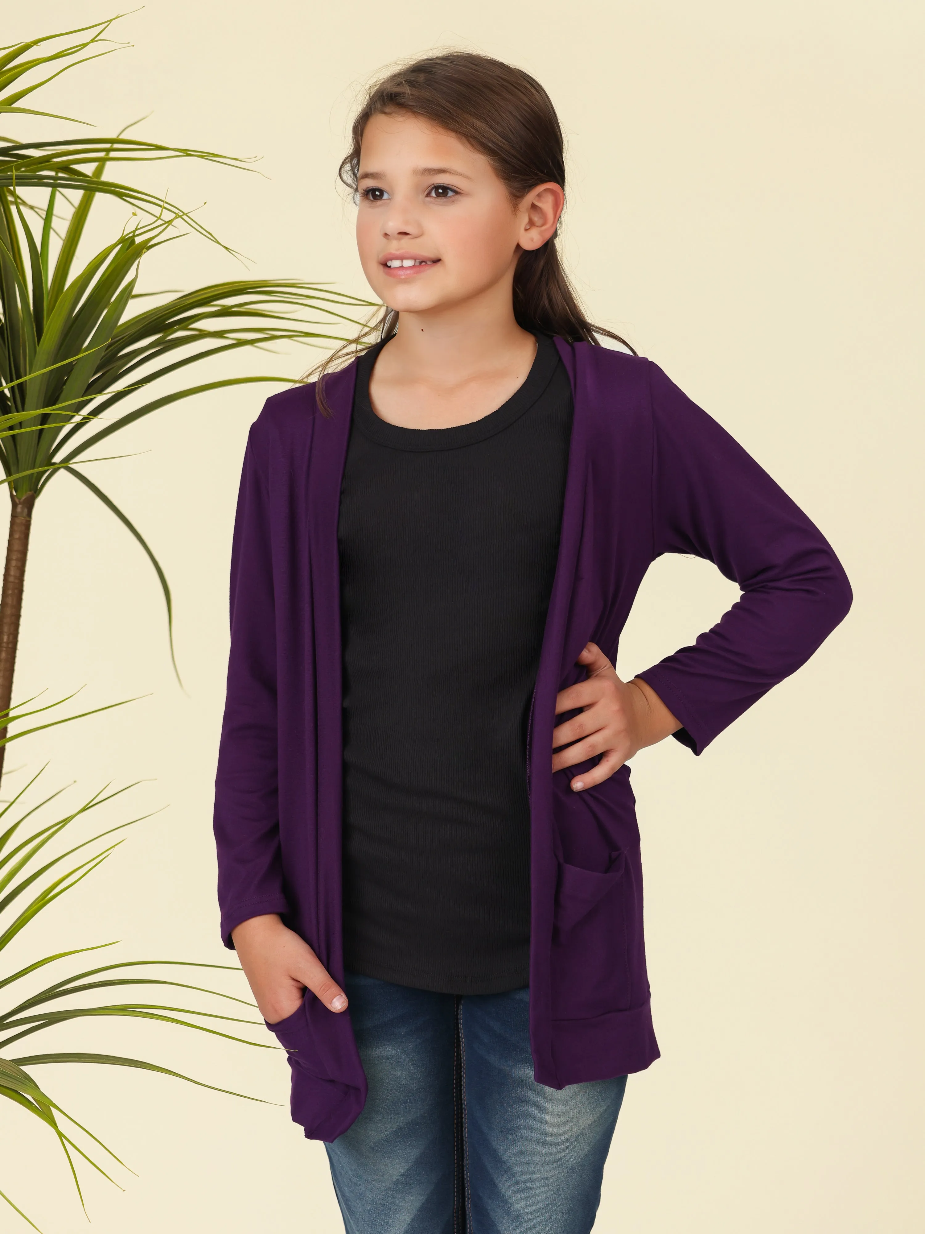 24seven Comfort Apparel Girls Open Front Long Sleeve Pocket Cardigan