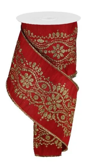 4" Luxurious Center Dupioni Ribbon: Red/Gold- 10 YD