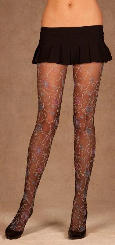 Black Floral Pattern Pantyhose - One Size Available