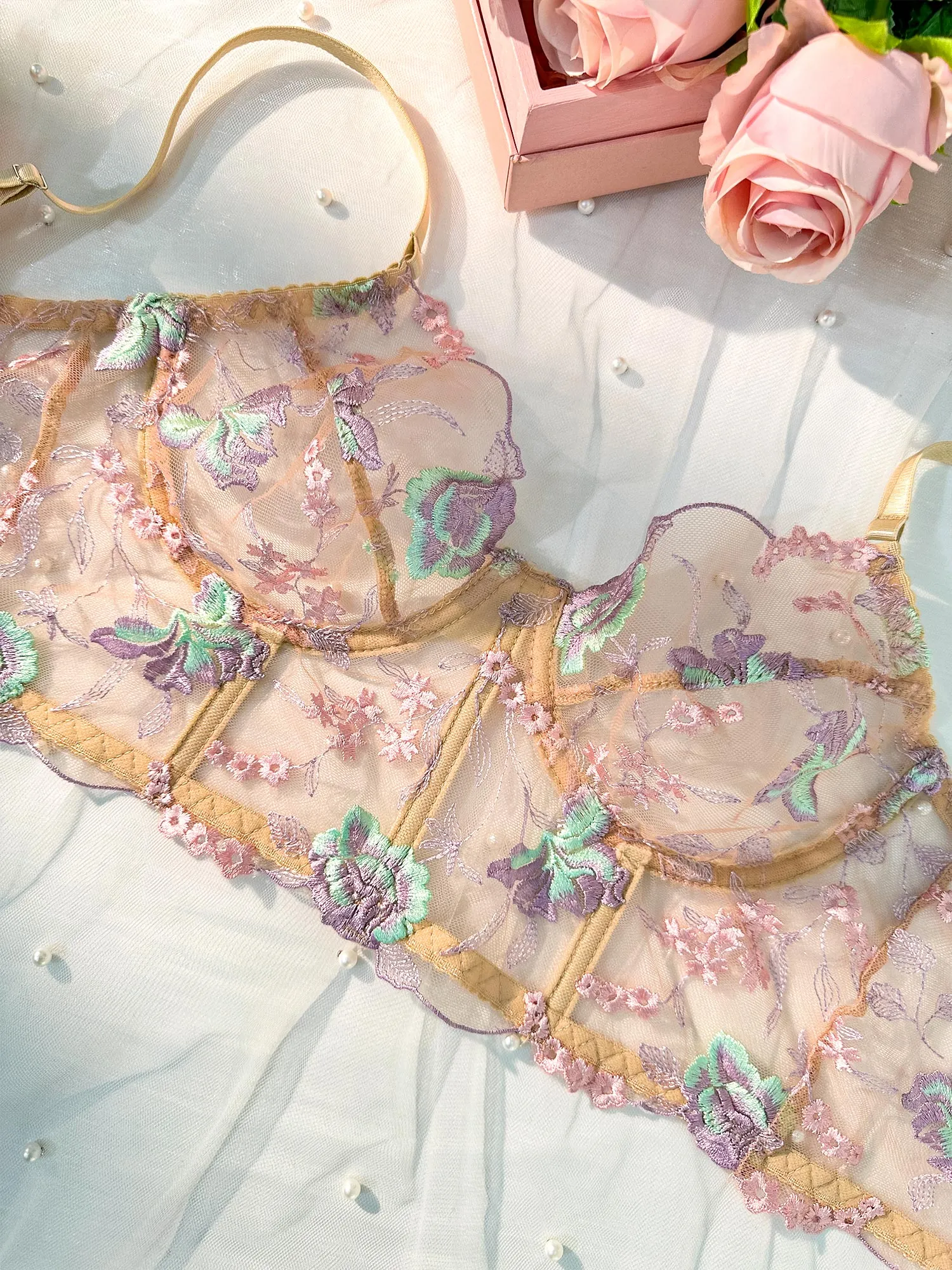 Champagne Floral Sexy Sheer Embroidered Lingerie Set