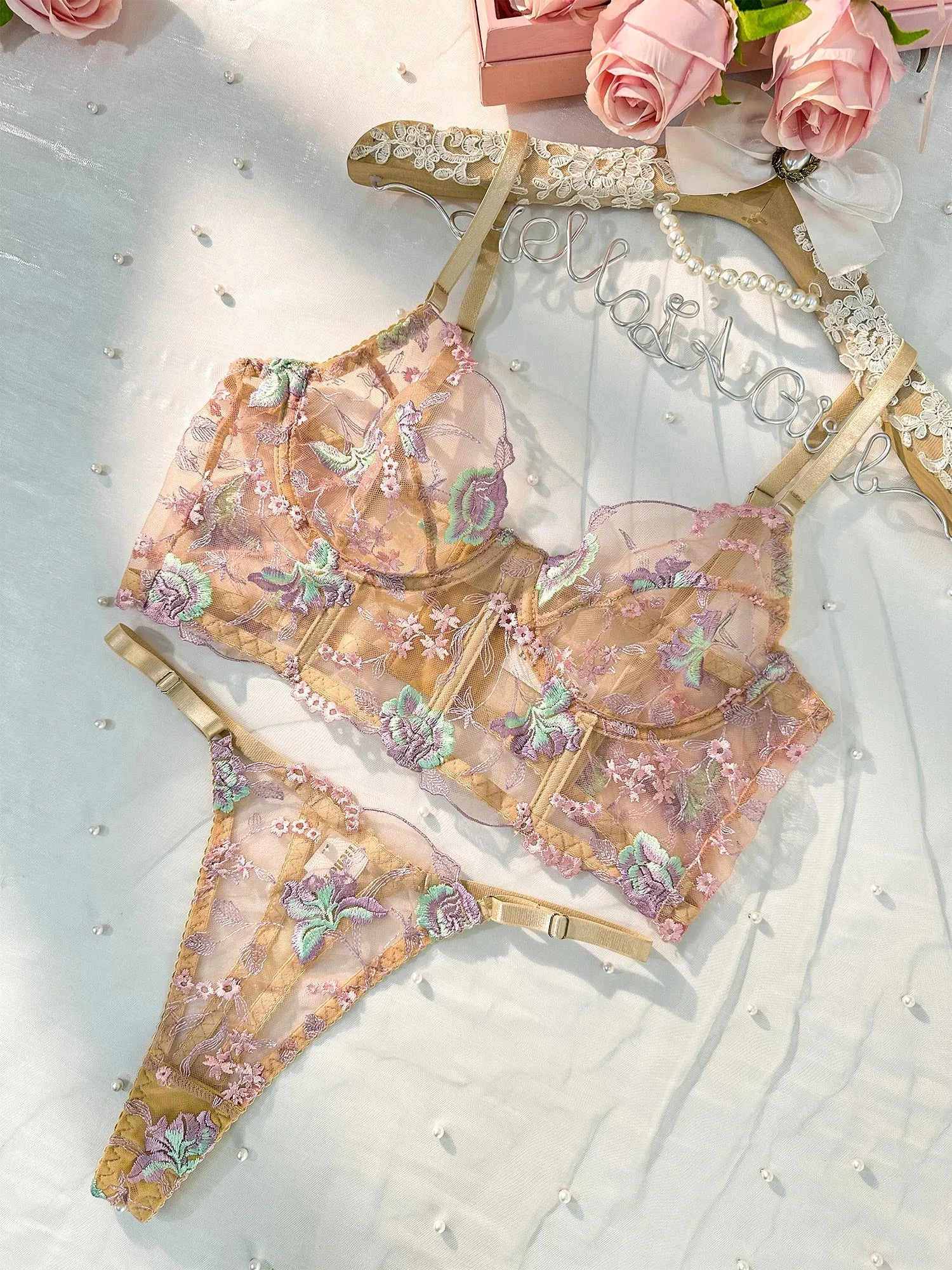 Champagne Floral Sexy Sheer Embroidered Lingerie Set