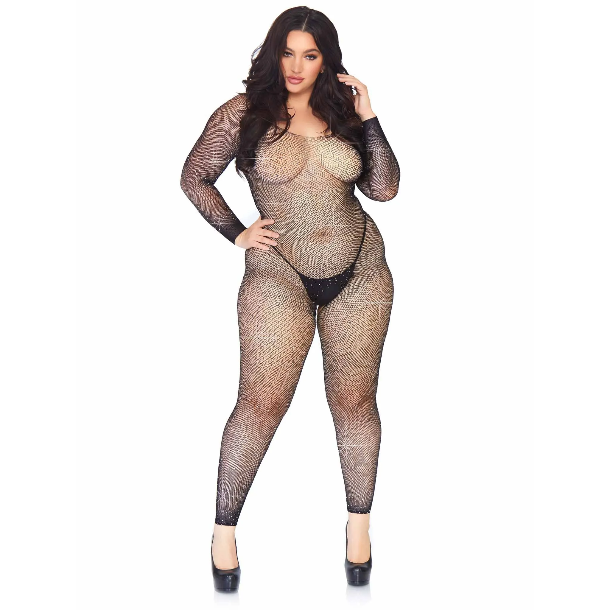 Crystalized Seamless Fishnet Long Sleeved  Bodystocking - 1x/2x - Black