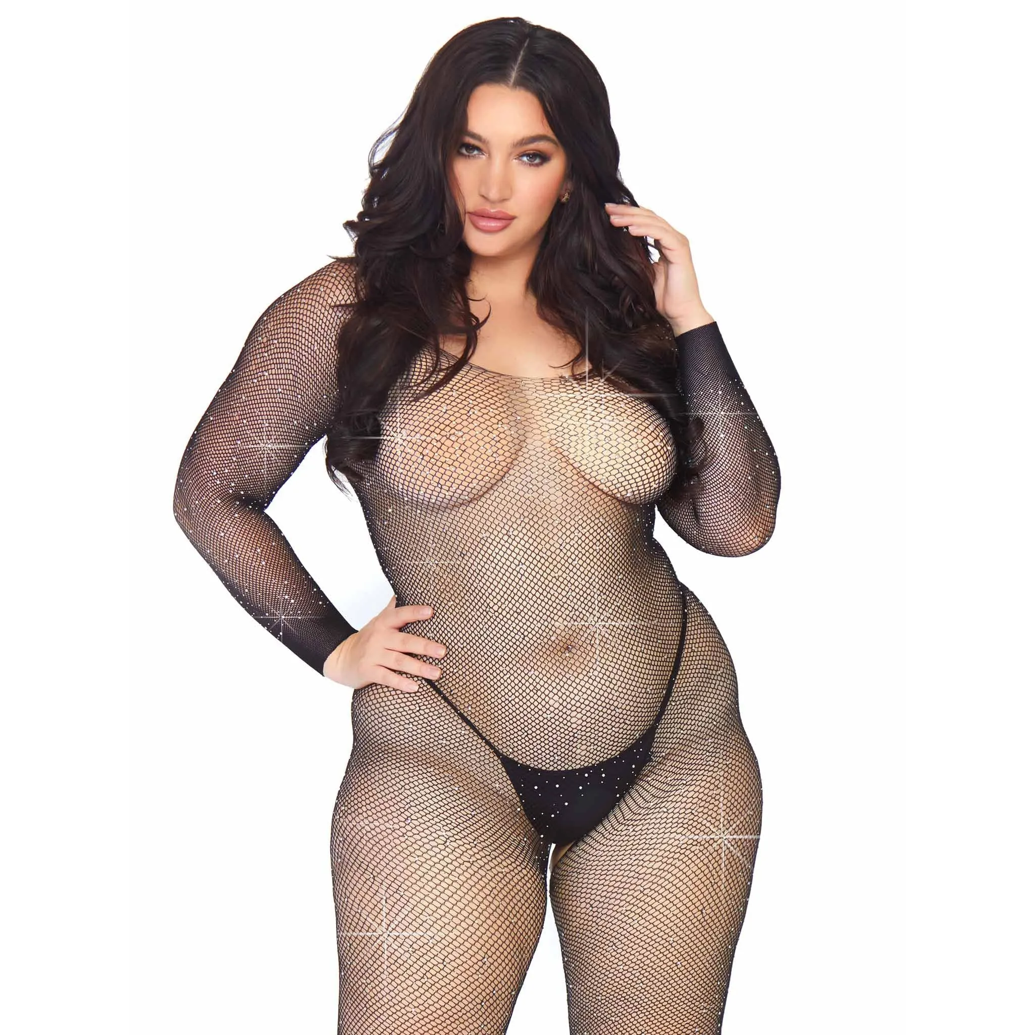 Crystalized Seamless Fishnet Long Sleeved  Bodystocking - 1x/2x - Black