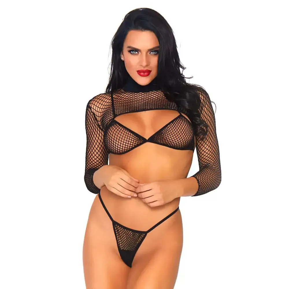 Leg Avenue Stretchy Black Nylon Net Top, Thong and Bra Set Uk 814