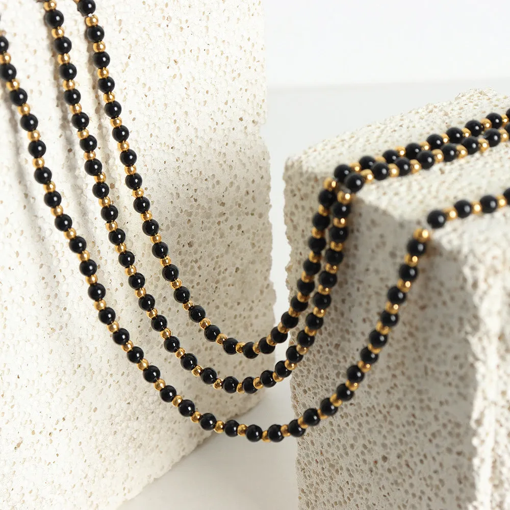 Luxurious Handcrafted Black Agate Beaded Necklace with Titanium Steel Ball Accents