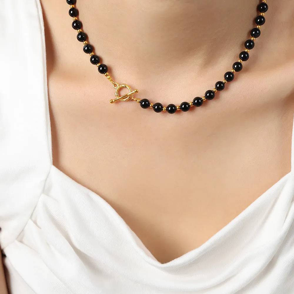 Luxurious Handcrafted Black Agate Beaded Necklace with Titanium Steel Ball Accents