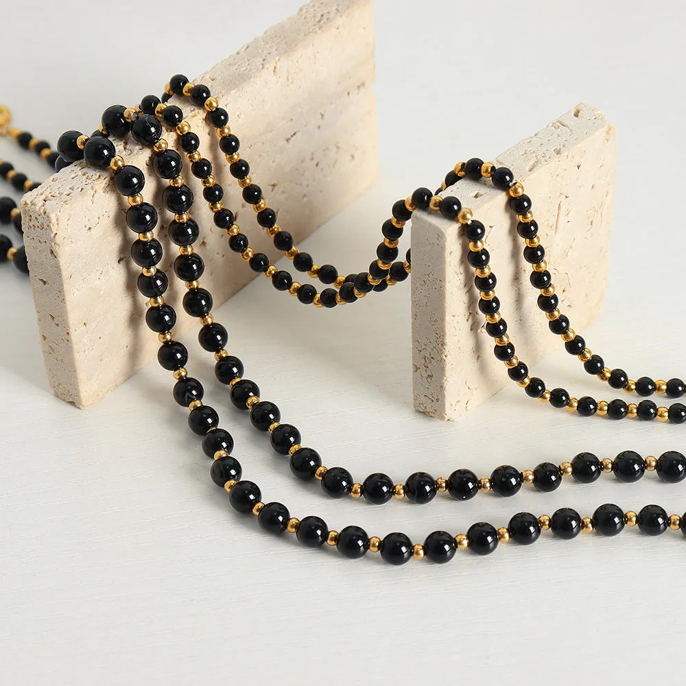 Luxurious Handcrafted Black Agate Beaded Necklace with Titanium Steel Ball Accents