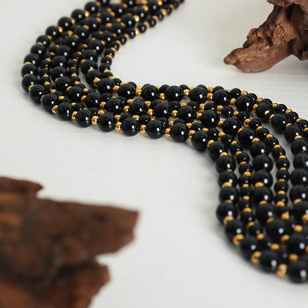 Luxurious Handcrafted Black Agate Beaded Necklace with Titanium Steel Ball Accents