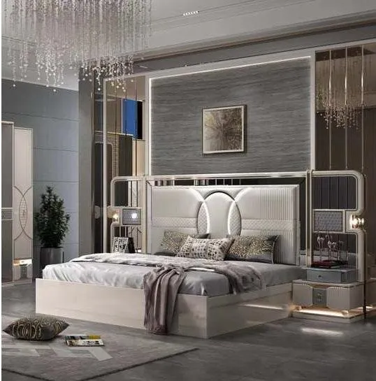 Luxurious Modern Upholstered LED Bed Set with Wardrobe