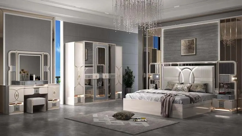 Luxurious Modern Upholstered LED Bed Set with Wardrobe