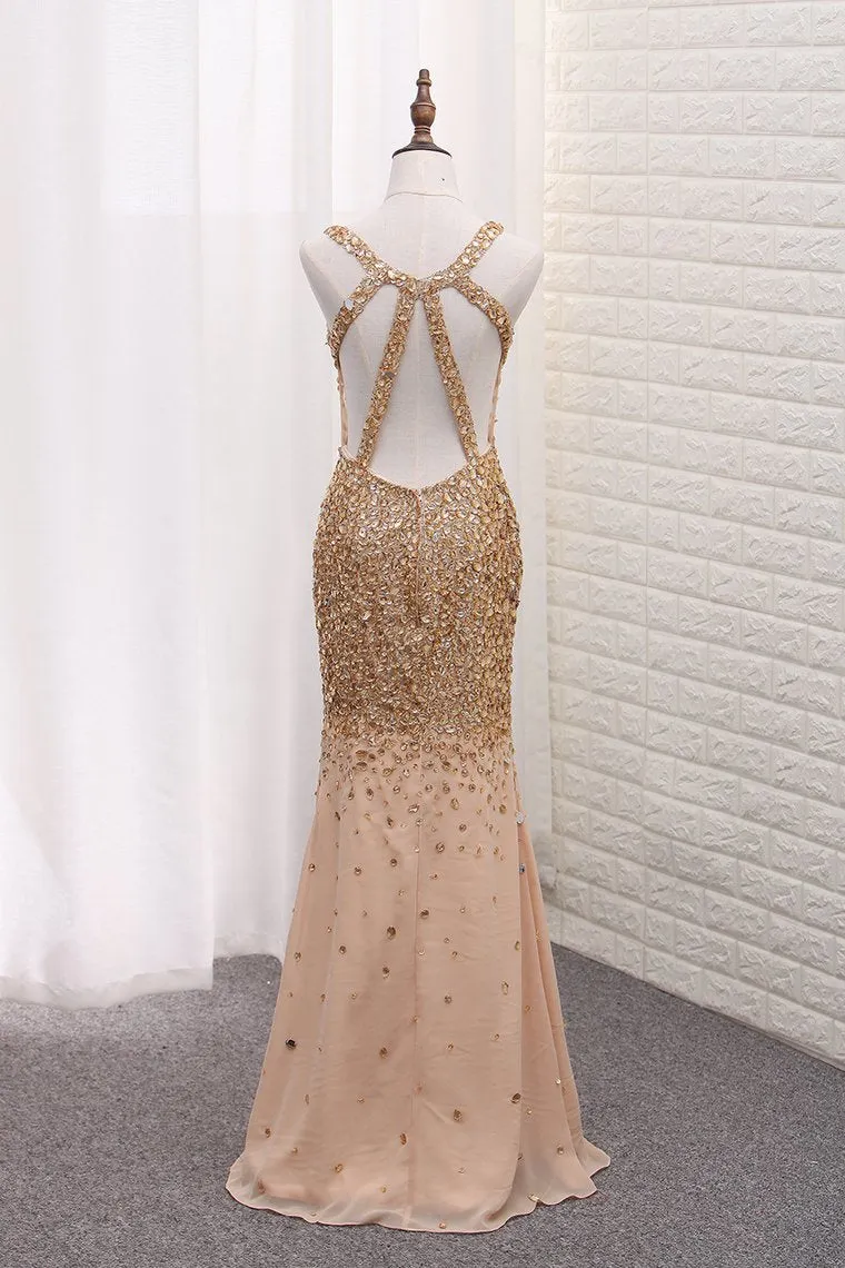 Luxury Mermaid Chiffon Beaded Bodice Straps Prom Dresses With Slit Crossed Back