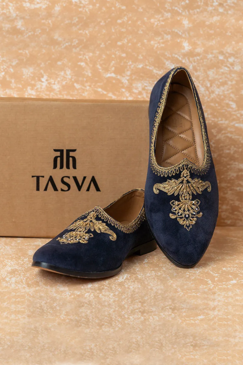 Medium Blue Velvet Embroidered Mojari