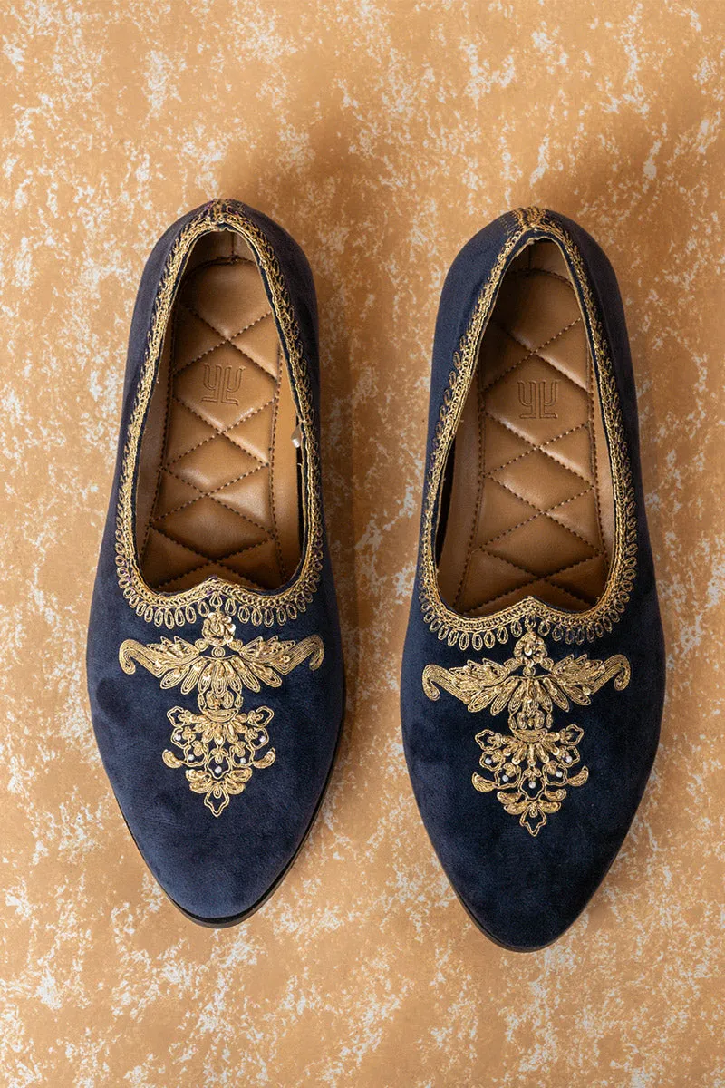 Medium Blue Velvet Embroidered Mojari