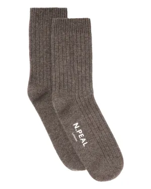 Men's Rib Cashmere House Socks Wood Smoke Brown