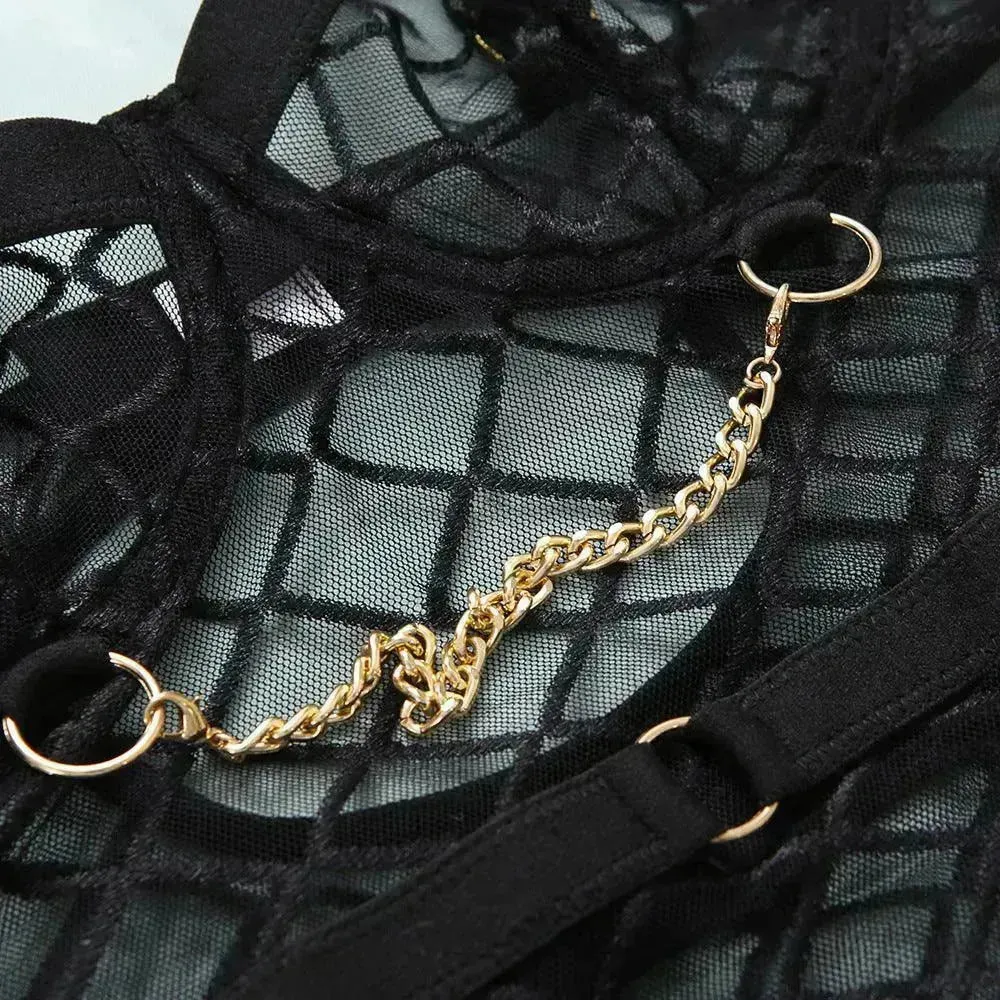 Mesh See-through Underwear Metal Chain Set