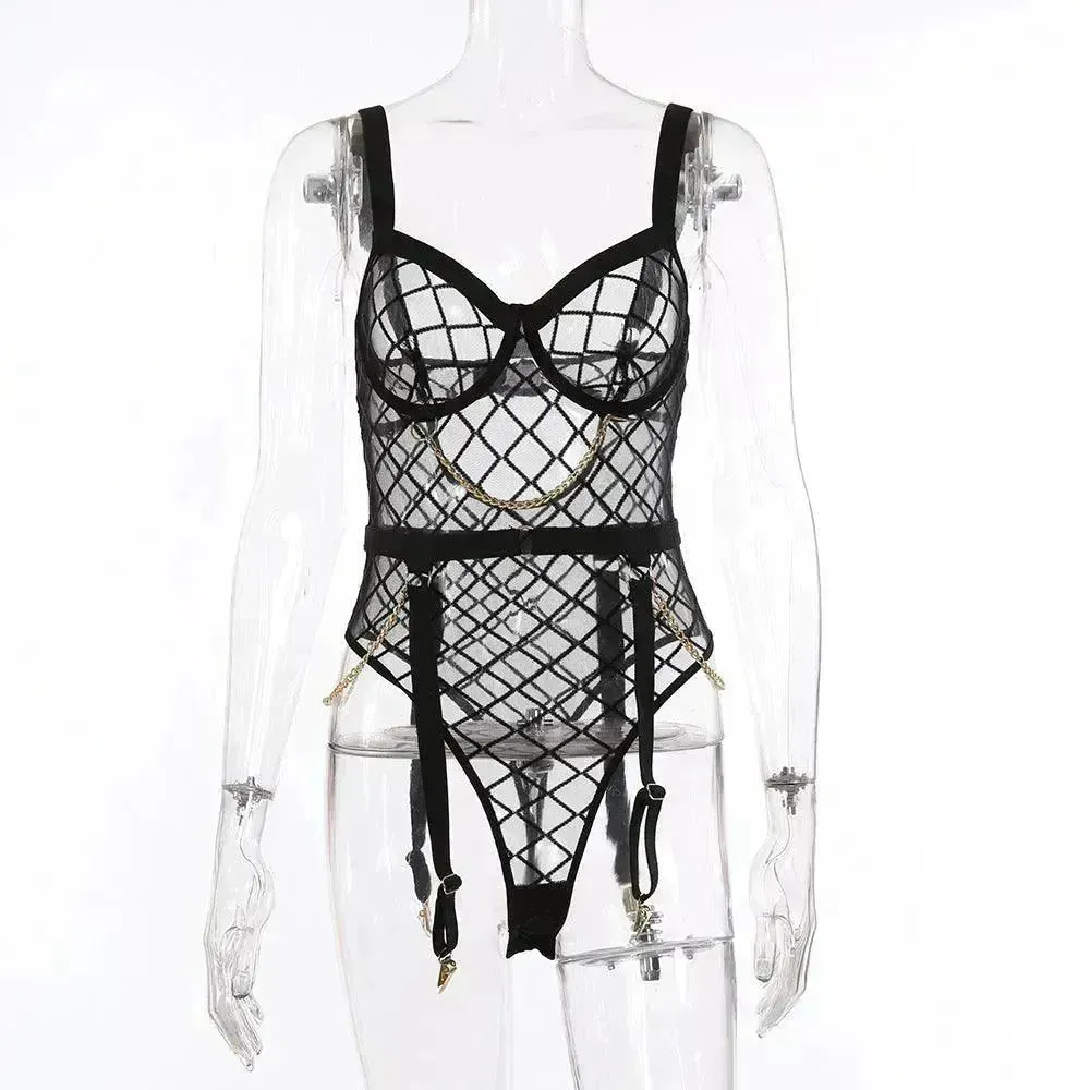 Mesh See-through Underwear Metal Chain Set