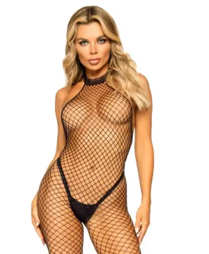 Net Racer Neck Backless Bodystocking - O/S (Black)