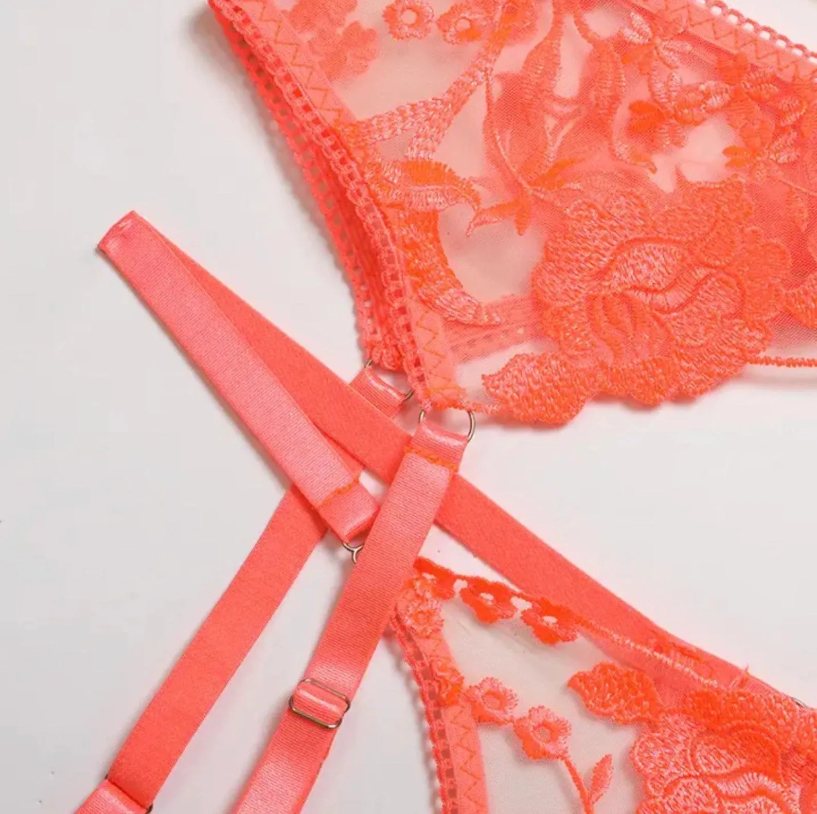 Orange Lingerie Set Garter Lace