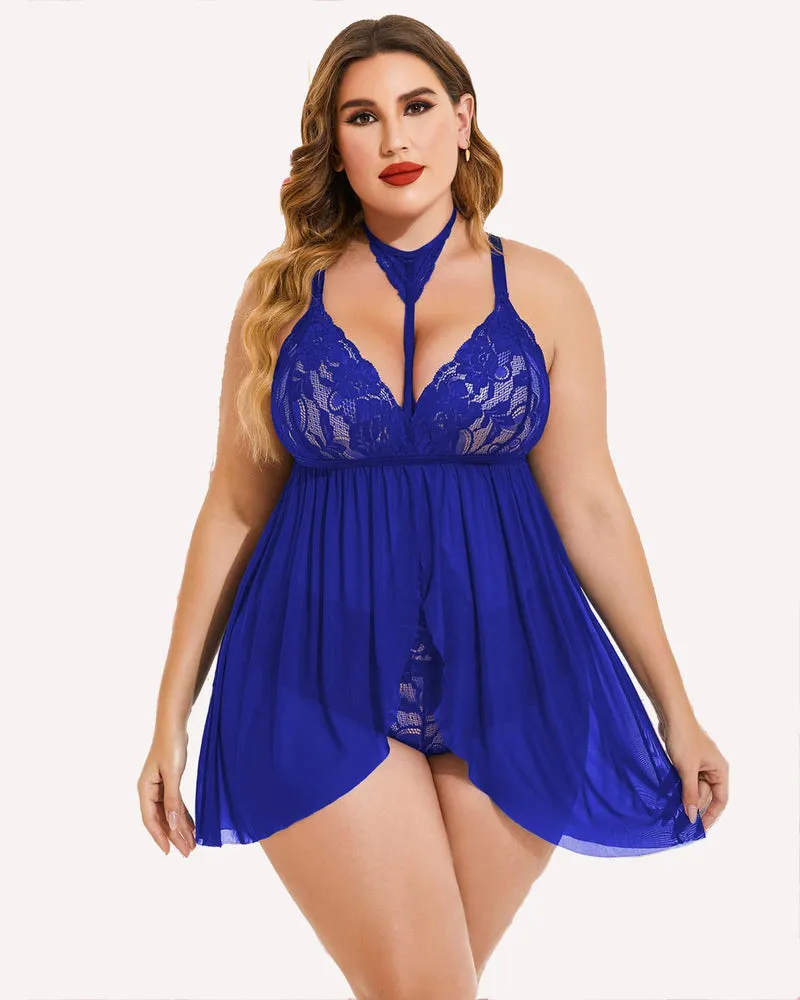 Plus Size Lace Babydoll Mesh Choker Sleepwear