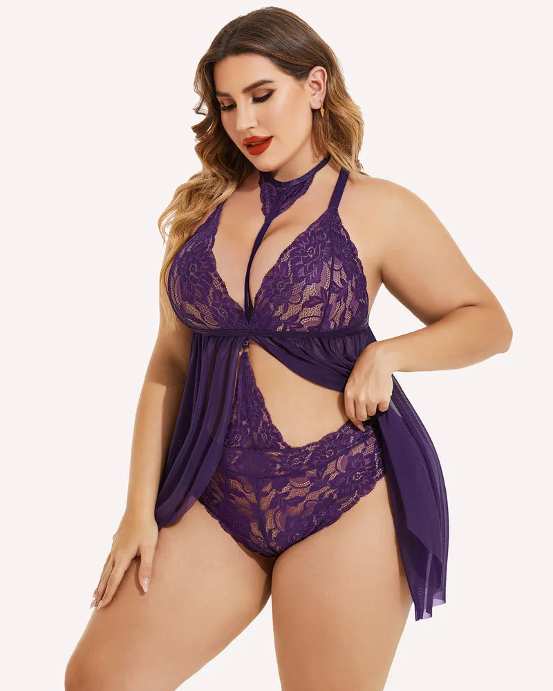 Plus Size Lace Babydoll Mesh Choker Sleepwear