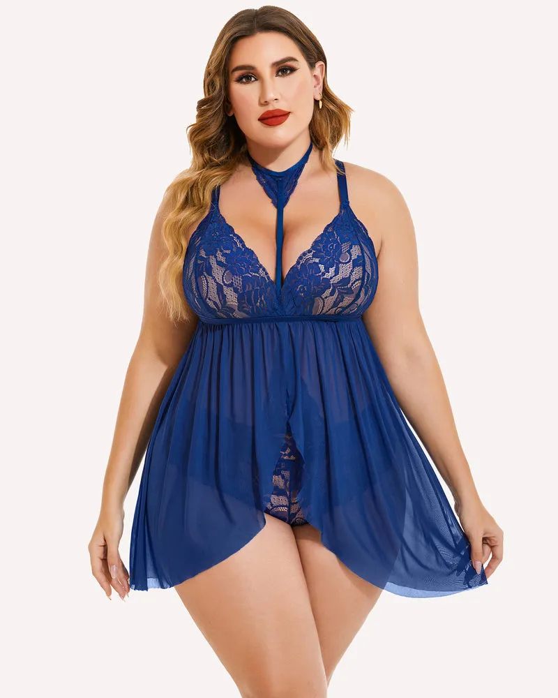 Plus Size Lace Babydoll Mesh Choker Sleepwear