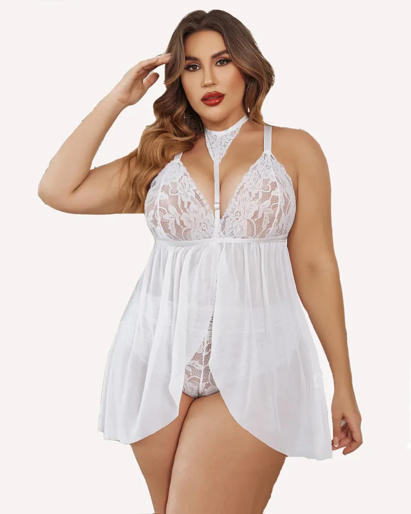 Plus Size Lace Babydoll Mesh Choker Sleepwear