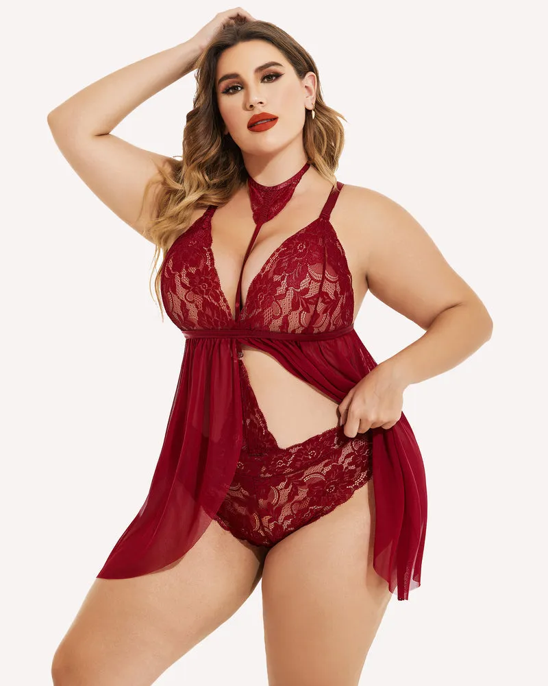 Plus Size Lace Babydoll Mesh Choker Sleepwear