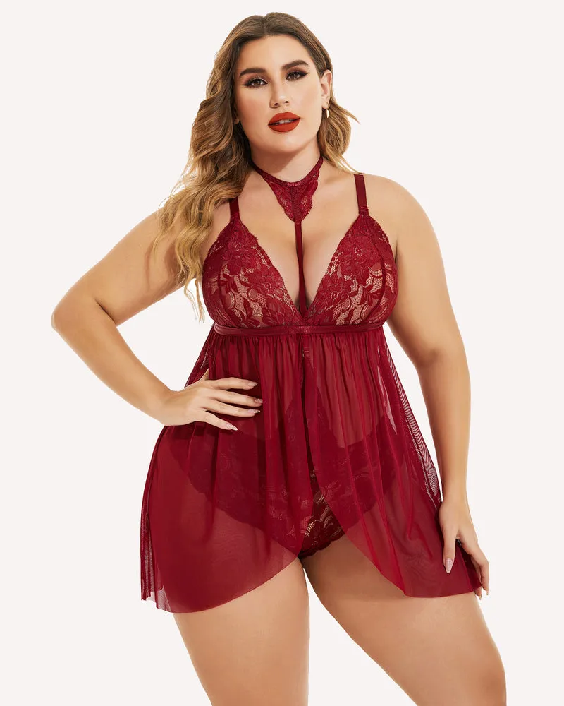 Plus Size Lace Babydoll Mesh Choker Sleepwear