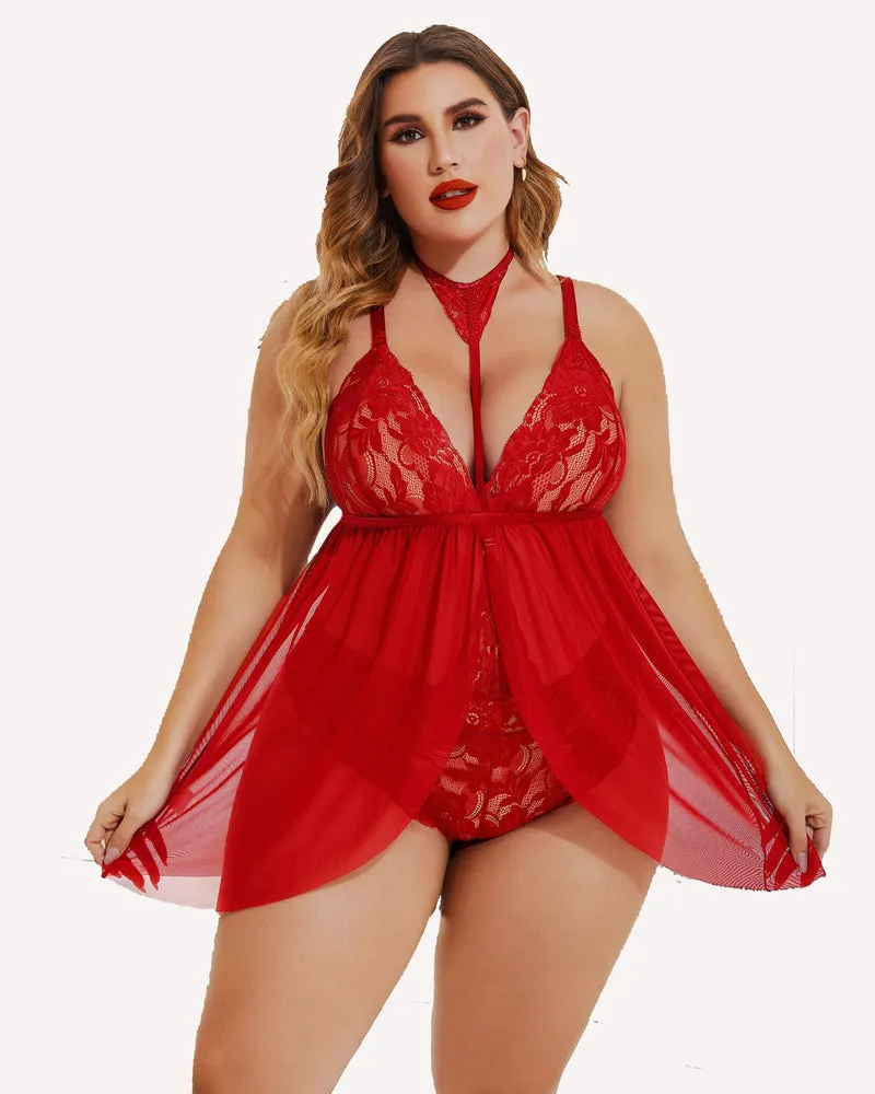 Plus Size Lace Babydoll Mesh Choker Sleepwear