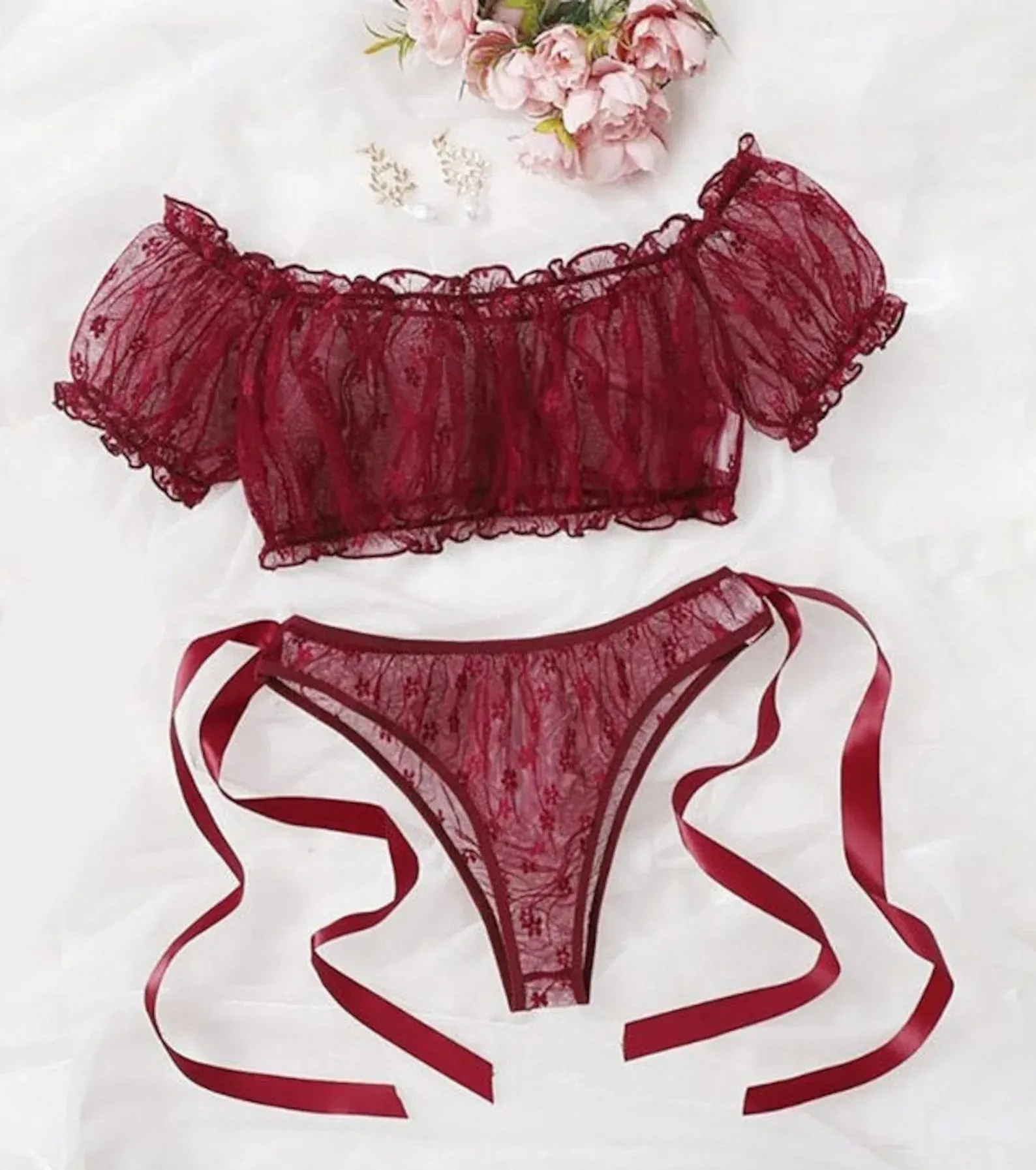 Red Lingerie Ruffle Bralette Set