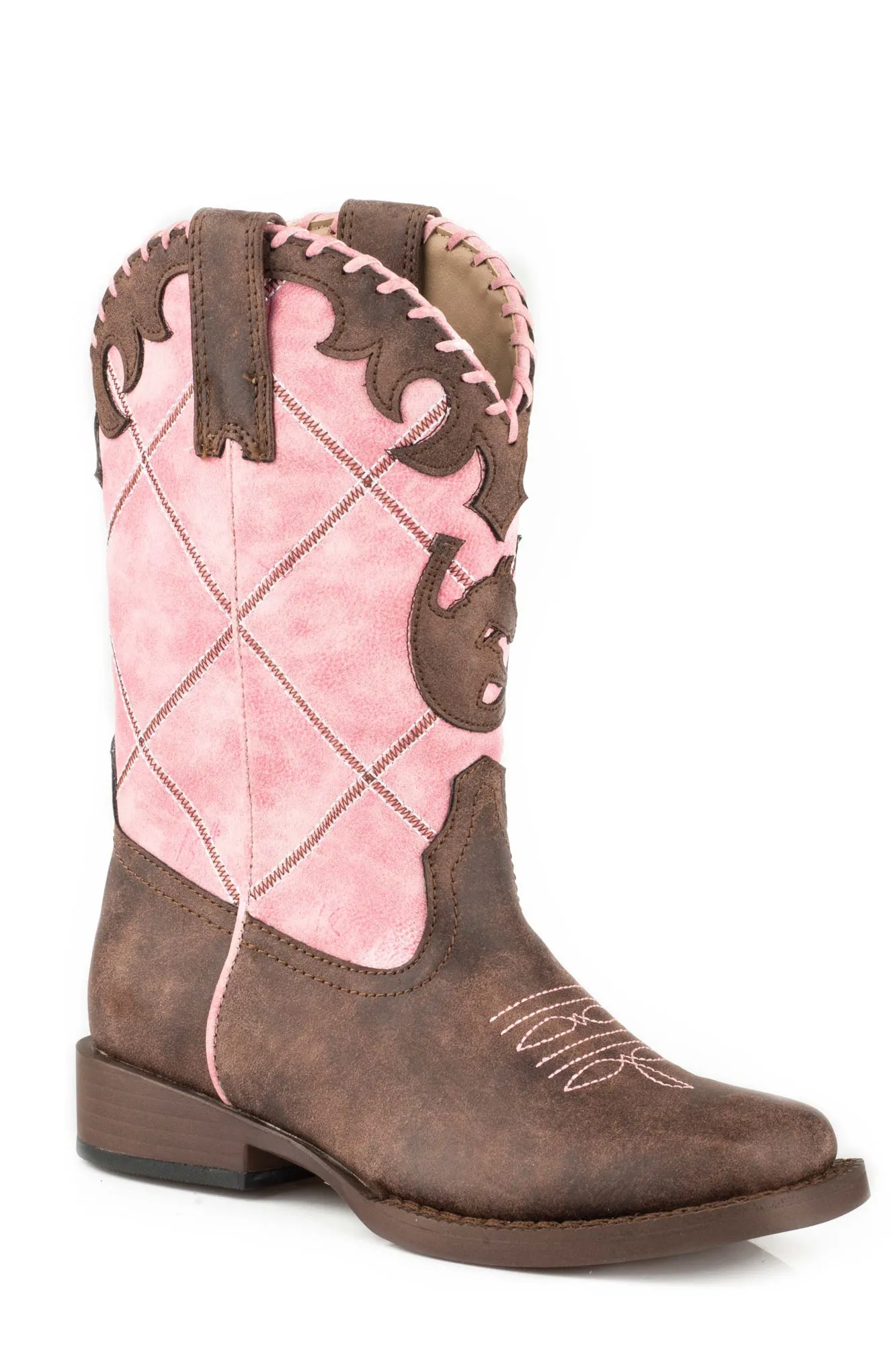 Roper Diamond Girls Kids Pink/Brown Faux Leather Lacy Cowboy Boots