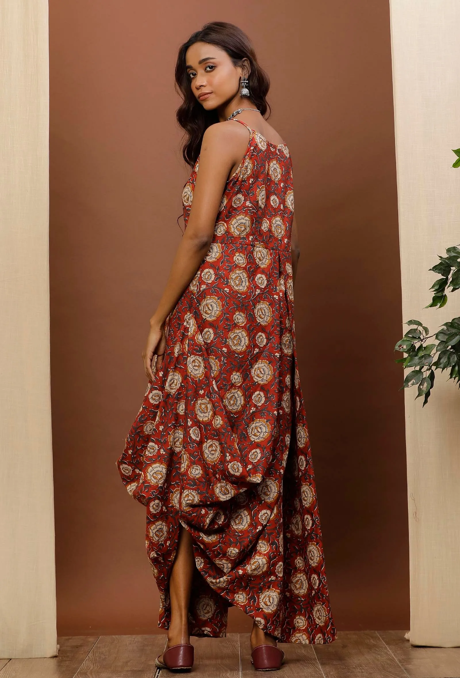 Rust Kalamkari Cowl Cotton Dress