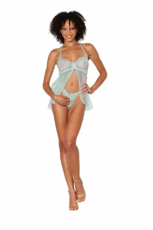 STRETCH LACE BABYDOLL SET W/ RUFFLE TRIM MINT O/S