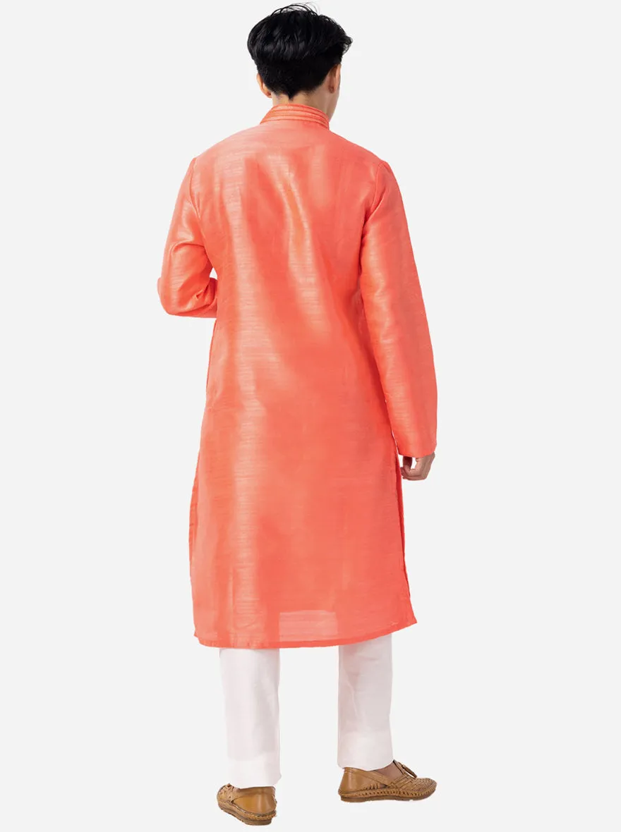 Vibrant Coral Peach Solid Kurta For Men