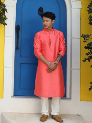 Vibrant Coral Peach Solid Kurta For Men