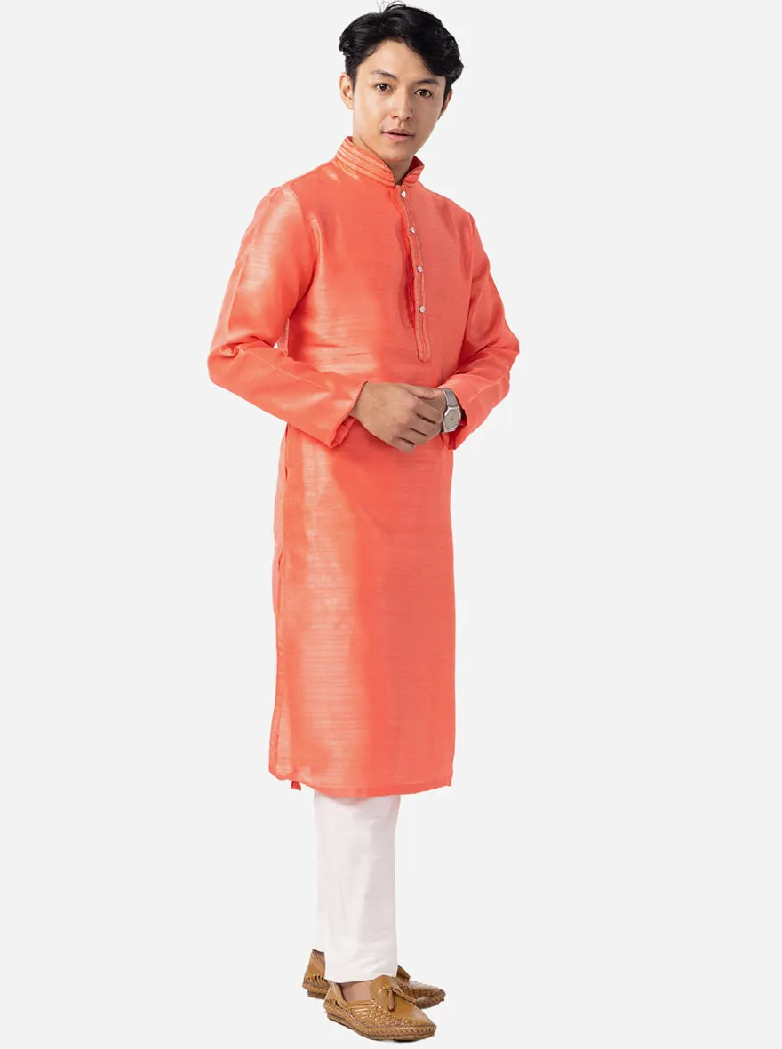 Vibrant Coral Peach Solid Kurta For Men