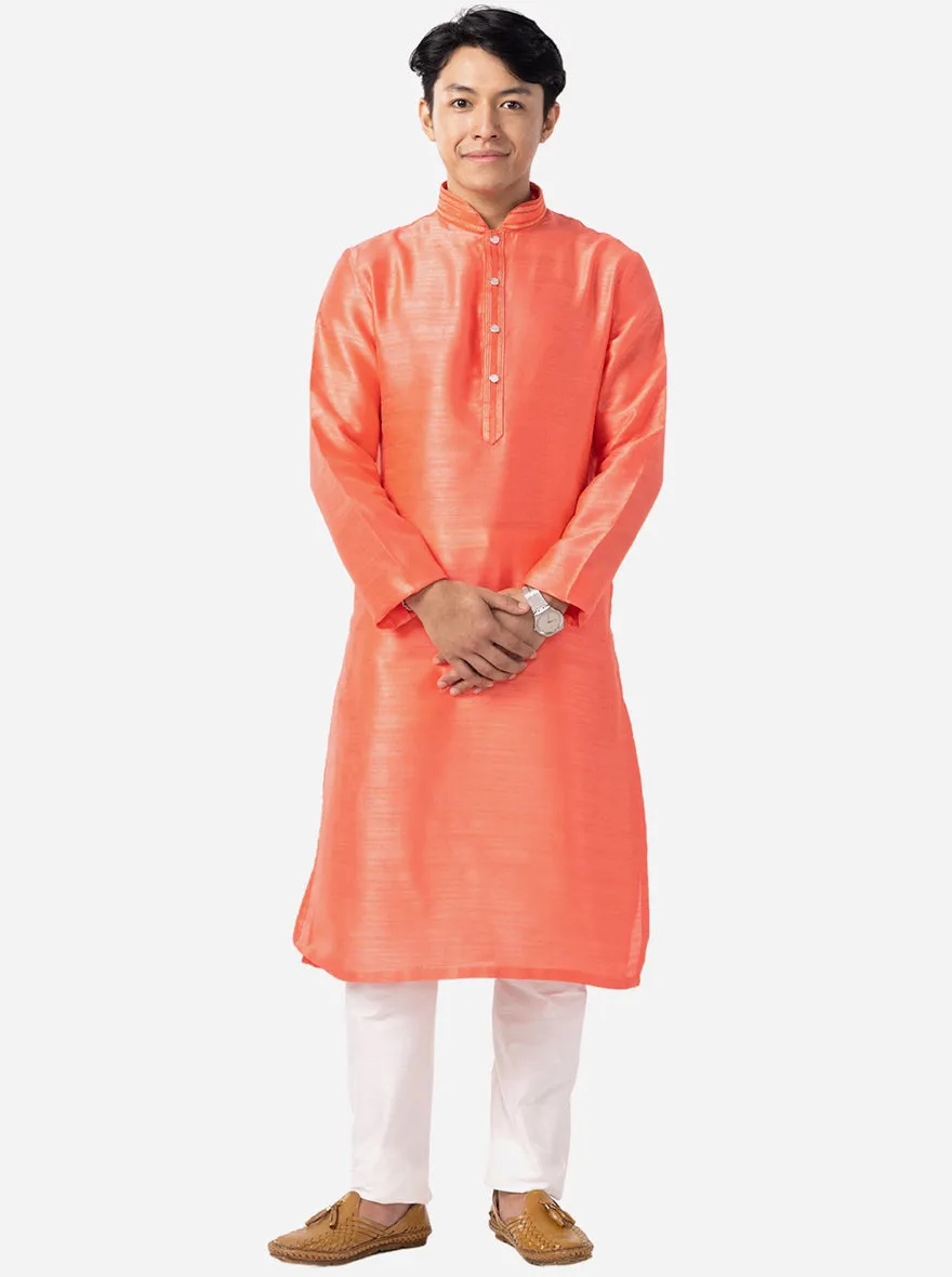 Vibrant Coral Peach Solid Kurta For Men