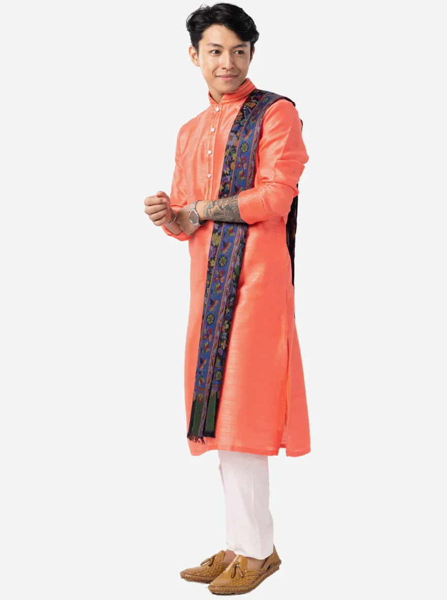 Vibrant Coral Peach Solid Kurta For Men